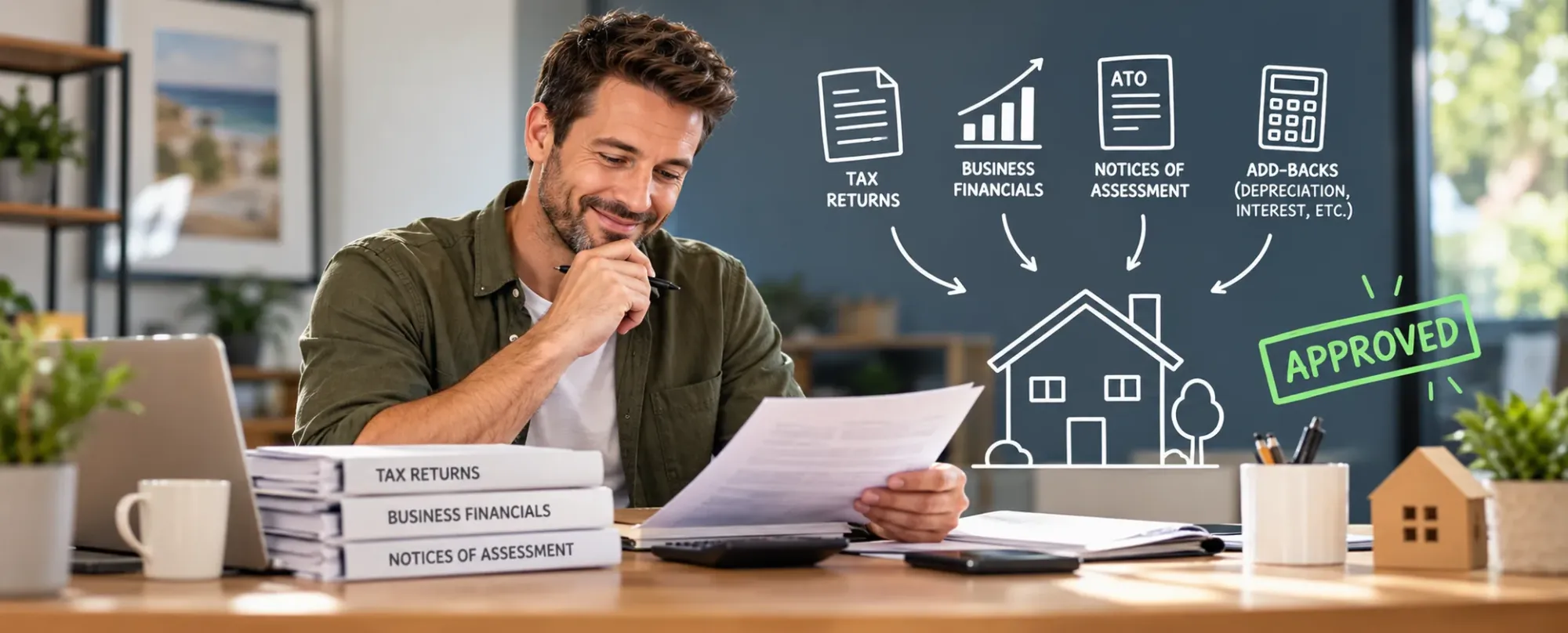 Self-employed business owner reviewing tax returns, business financials and Notices of Assessment for a home loan application